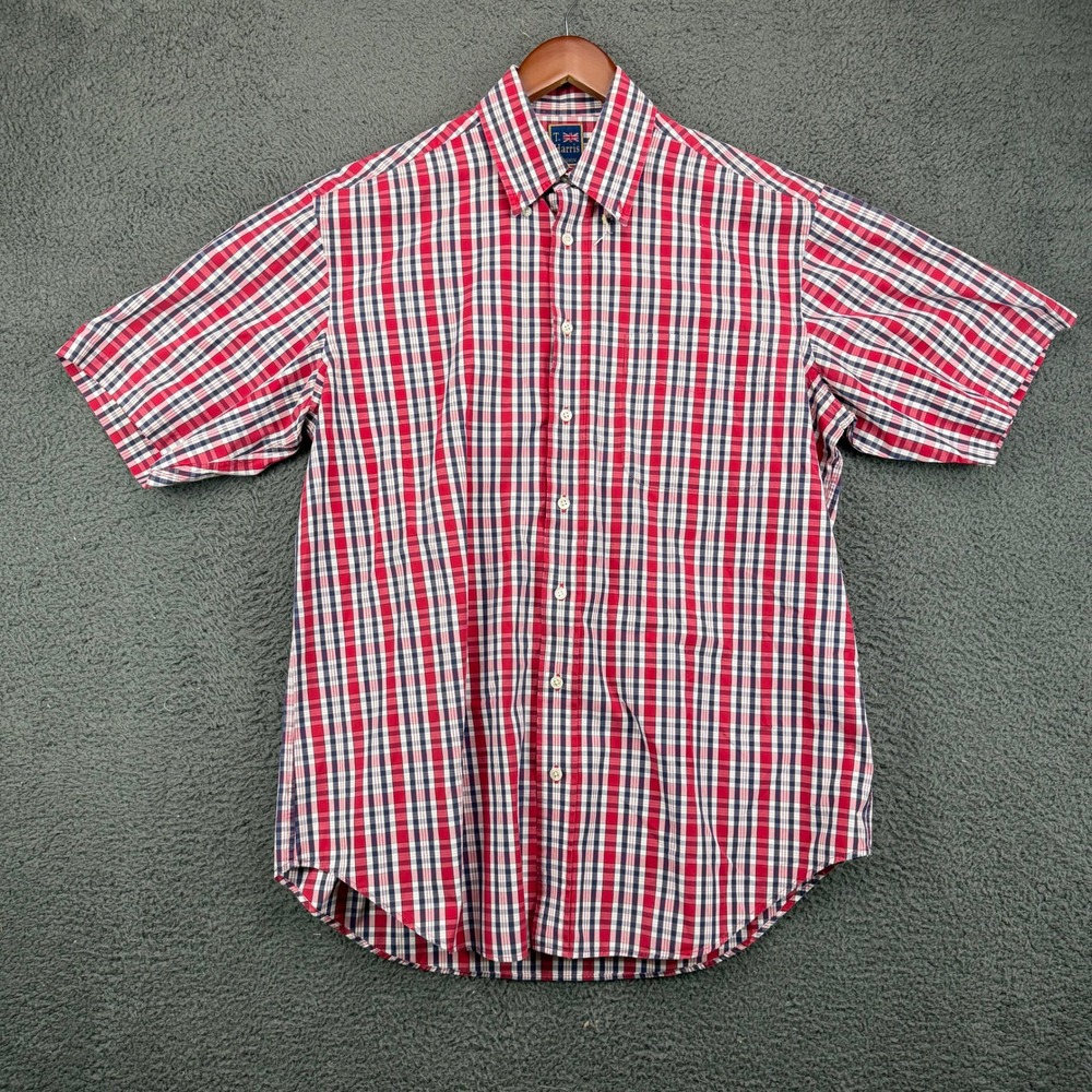 T. Harris London Mens Large Short Sleeve Button Down Shirt Red Blue Plaid Cotton